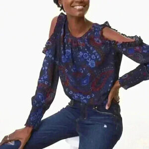 NWT! Loft Paisley Cold Shoulder Ruffle Blouse/Top/Shirt Blue Size Large